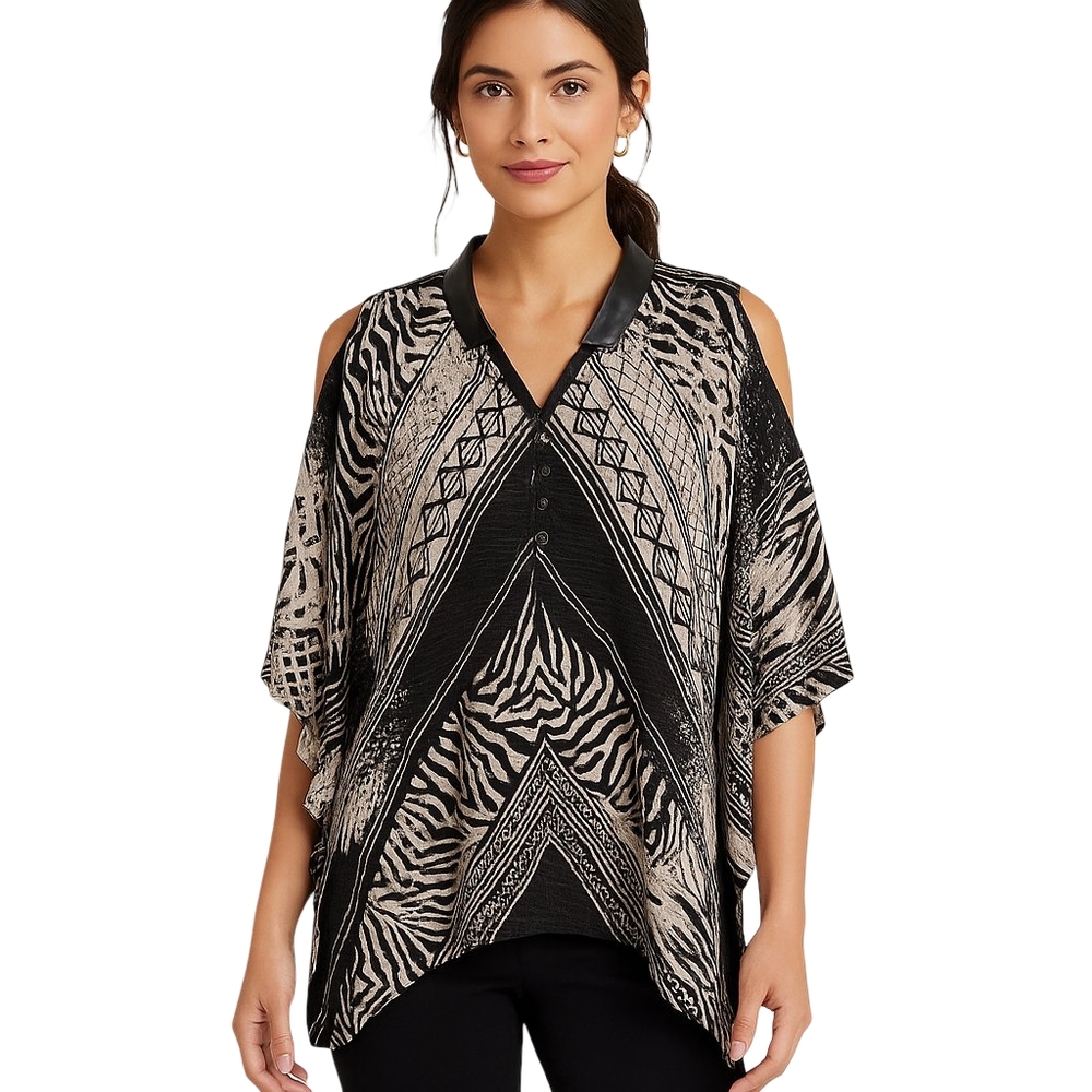 CHICOS Savvy Animal Cold Shoulder Poncho Women S/M Black Ecru Sheer Chic Zebra